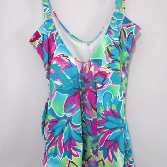 42D Tropical One Piece Shaper Swimsuit Bright Teal Pink Lime - Picture 7 of 10